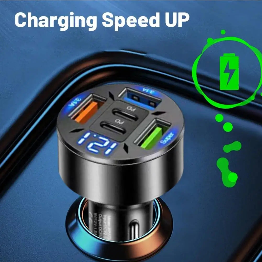250W 5 Ports Car Charger Fast Charging QC 3.0 USB Type-c Digital Phone Car Accessories Adapter Charger Car Display A6H0