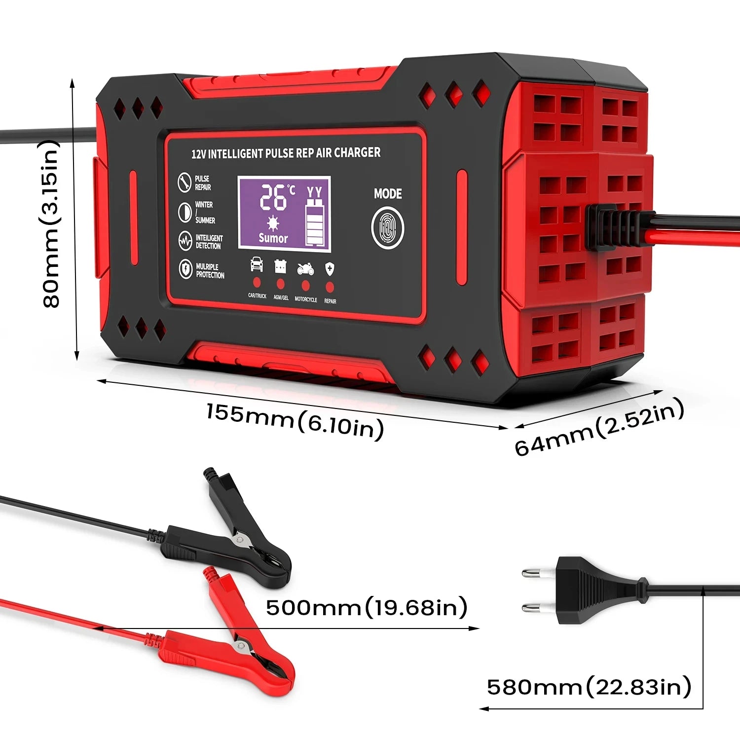 Smart Car Battery Charger 12V, Motorcycle Battery Maintainer with LCD Display for Lead-Acid Repair