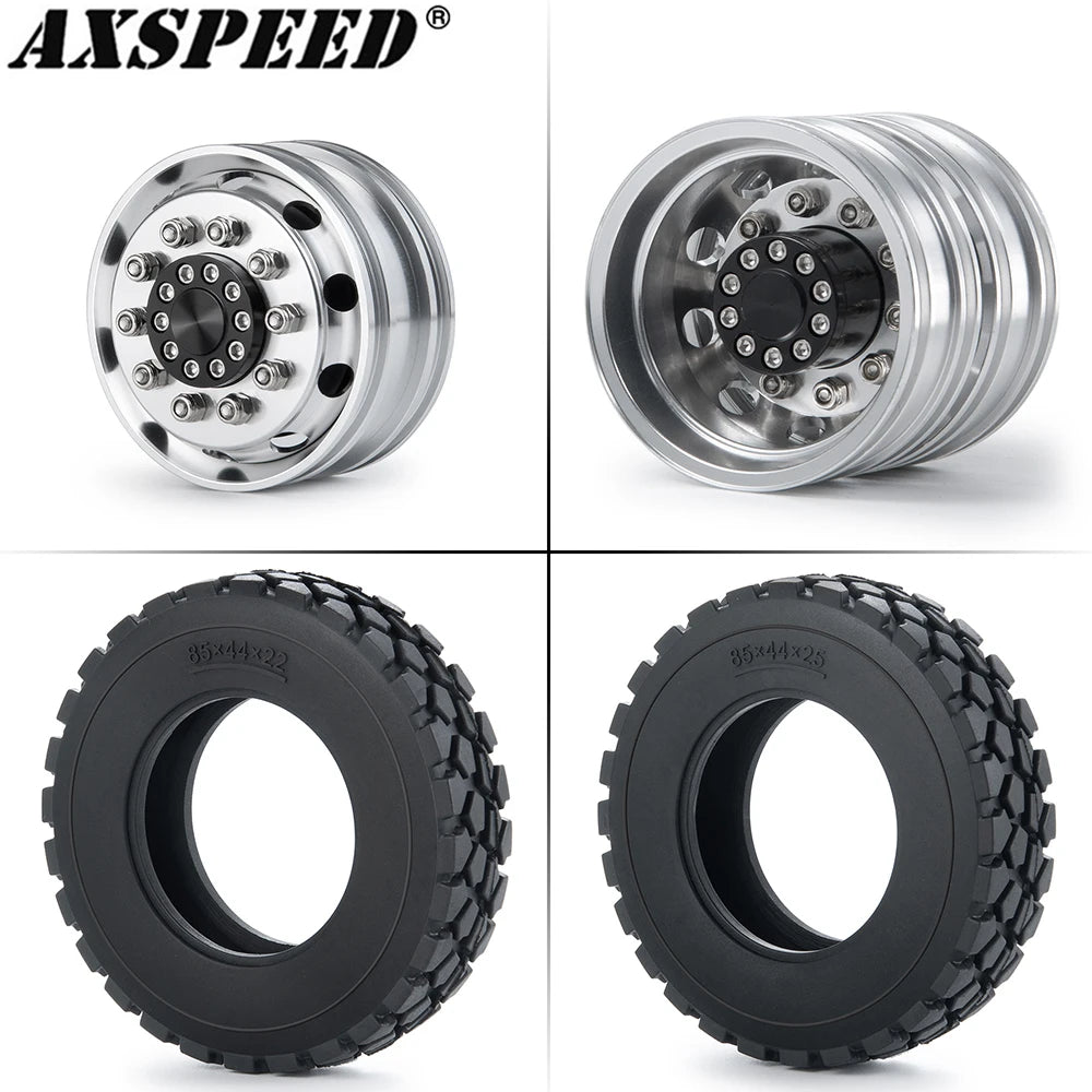 AXSPEED 4PCS Front Rear Wheel Rim Hubs Rubber Tyres with Foam Inserts for 1/14 Tamiya Truck Trailer Tractor RC Car Tires