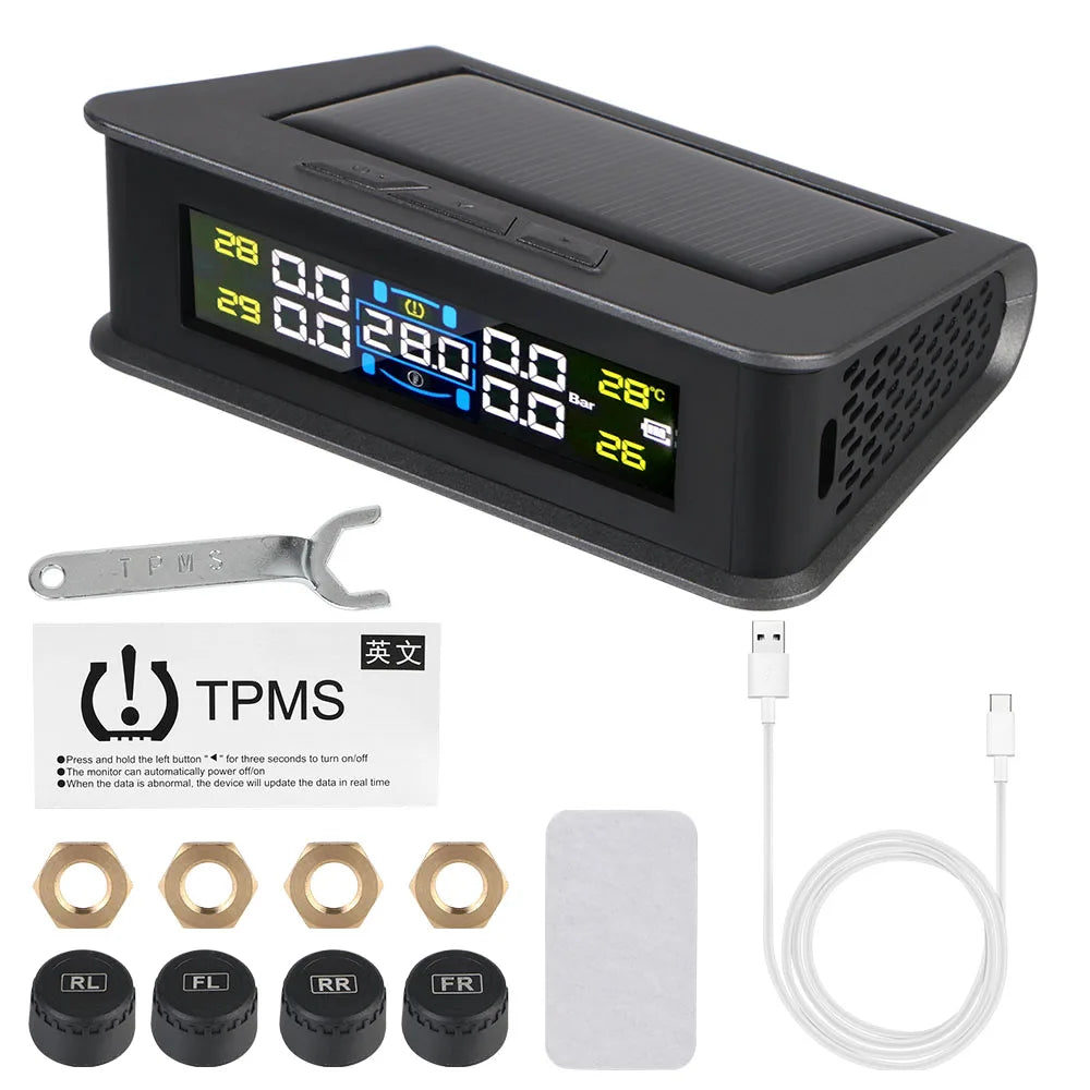 Tire Pressure Monitoring System Digital LCD Display Solar/USB Powered Car TPMS Auto Security Alarm Systems