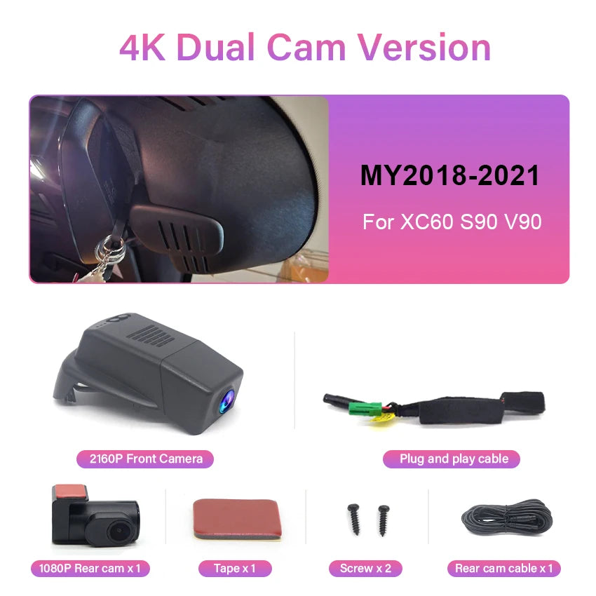 Dash Cam 4K for VOLVO XC60 S90 V90 2018 2019 2020 2021 2022 2023 2024 2025,Plug and Play Car DVR Dashcam Camera Video Recorder
