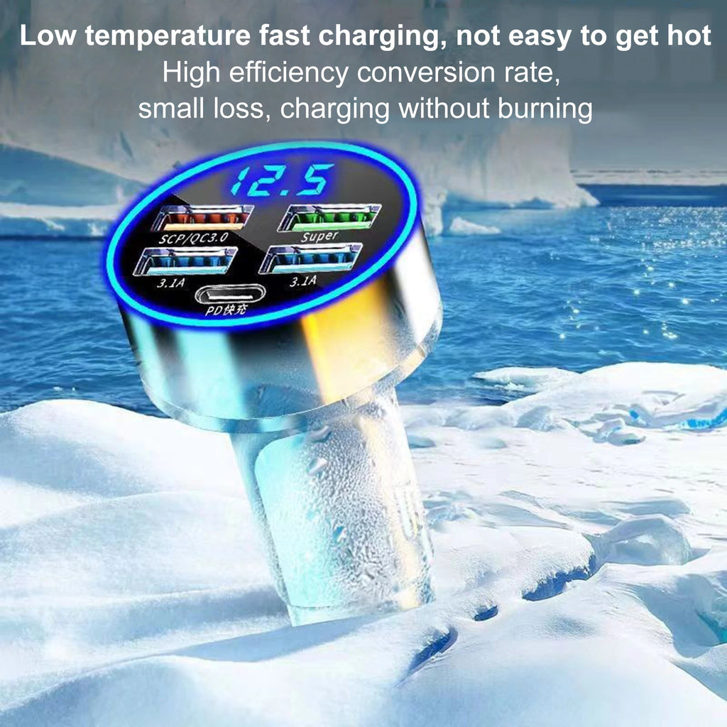 250W LED Car Charger Adapter 4 Ports USB Super Fast Charging Adapter Type C PD Car Phone Charger for Various Smartphones