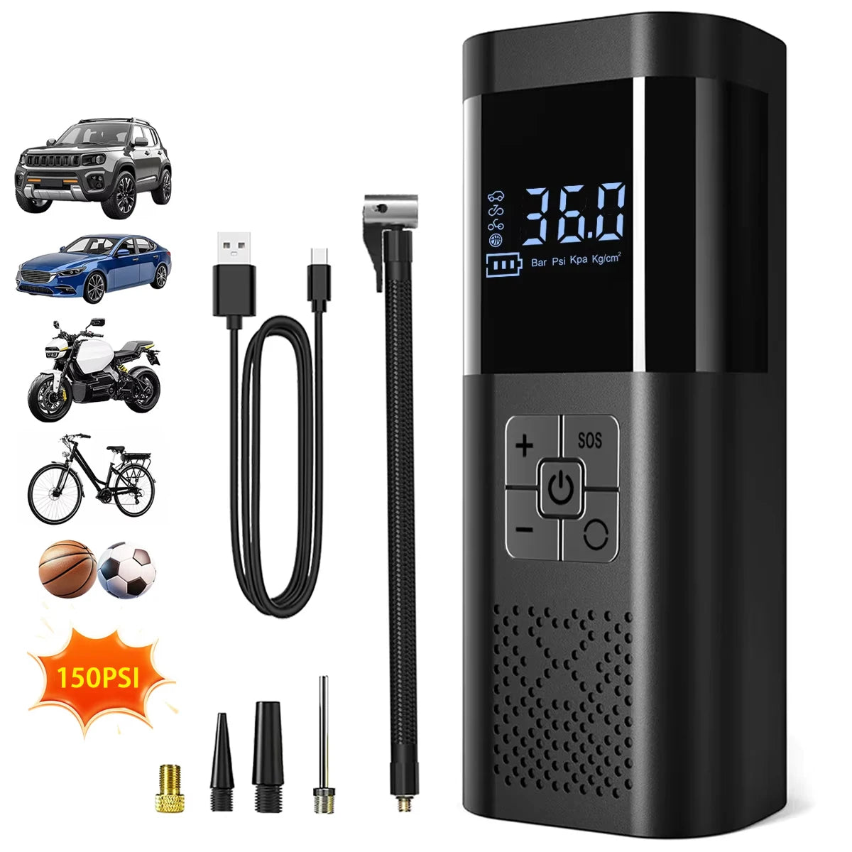 150PSI 3X Faster Cordless Tire Inflator-Portable Air Compressor w/Digital Gauge,LED Light for Car,Bike,Motorcycle & Sports Balls