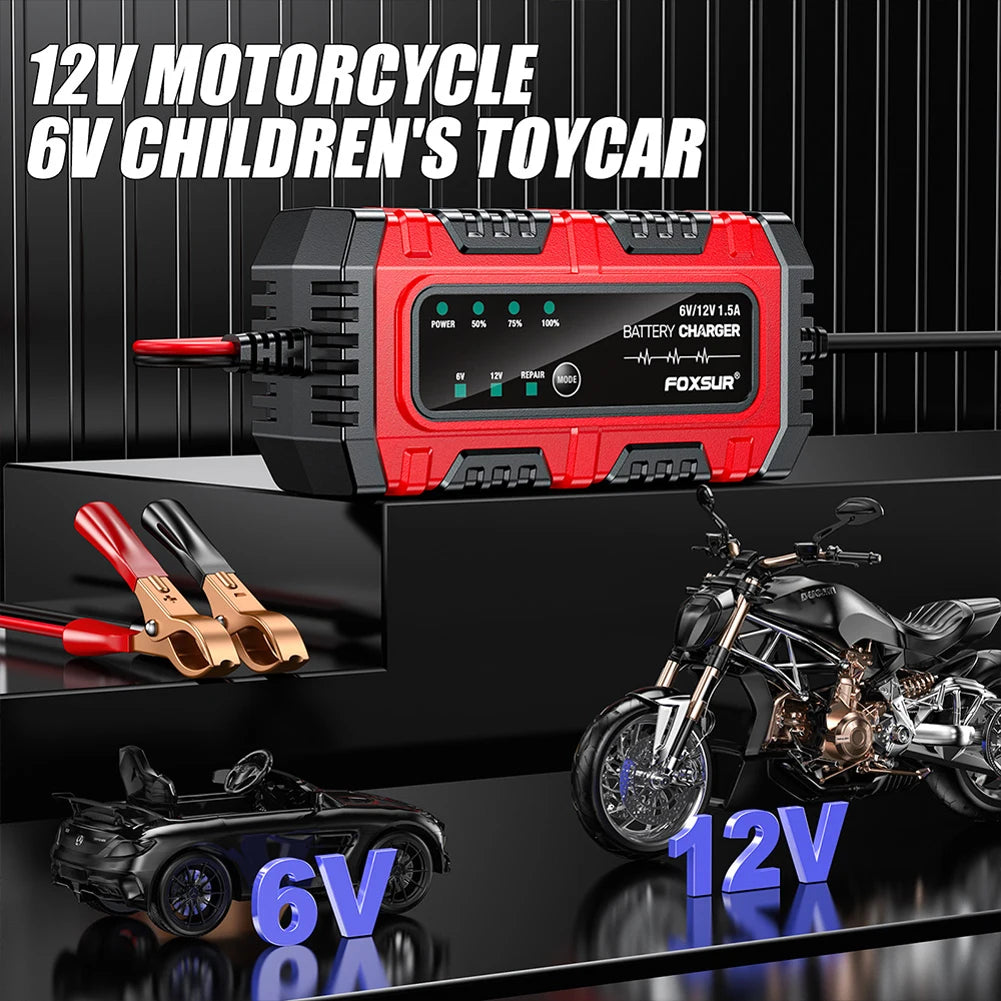 6V 12V 1.5A Car Battery Charger Car and Motorcycle Battery Charging Unit Motorcycle Smart Charger for Lead-Acid AGM GEL Battery