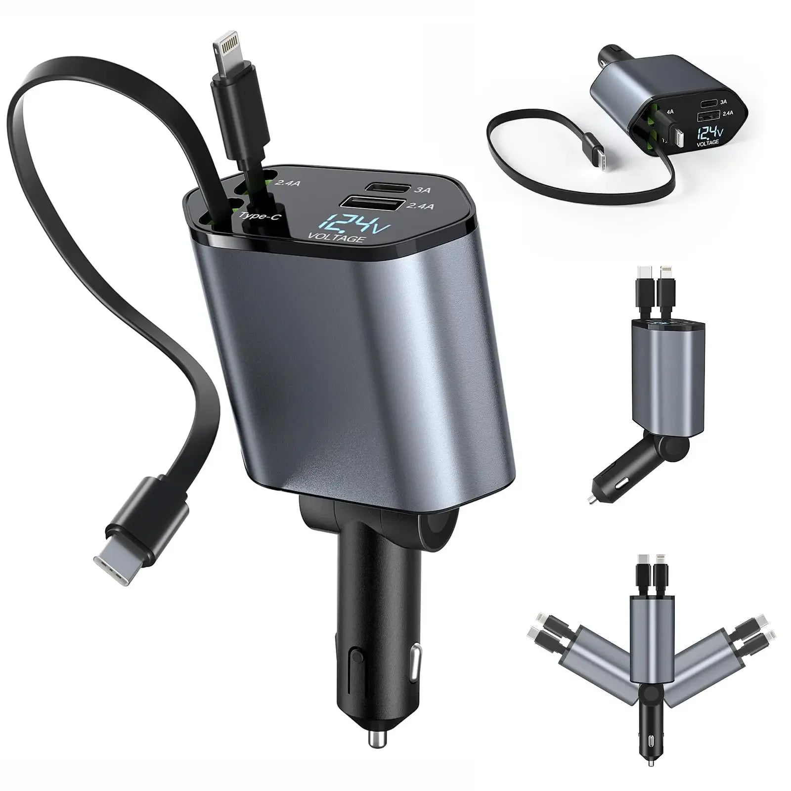 Retractable Car Charger 4 in 1 Fast Charging Car Charger 120W Dual Type-C Retractable Cable and 2 USB Ports Car Charger Adapter