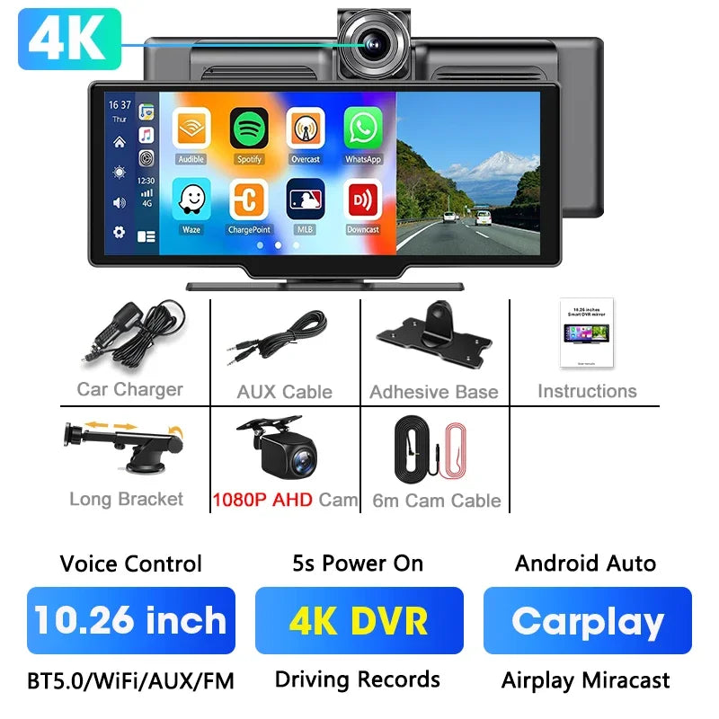 10.26'' Portable 4K Dash Cam Wireless CarPlay Android Auto Car Monitor Dashboard Car DVR Video Recorder GPS FM BT