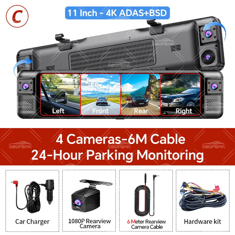 D80 Rearview Mirror 4K Dash Cam ADAS 4CH 360° Record Car DVR Interior Camera WIFI APP 1080P BSD Auto Video Recorder 24H Parking