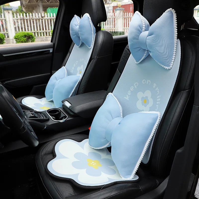 Fashion Blue Flower Car Seat Cover Summer Breathable Cool Seat Mat Cushion Pillow Car Interior Women Four Seasons Universal Pad