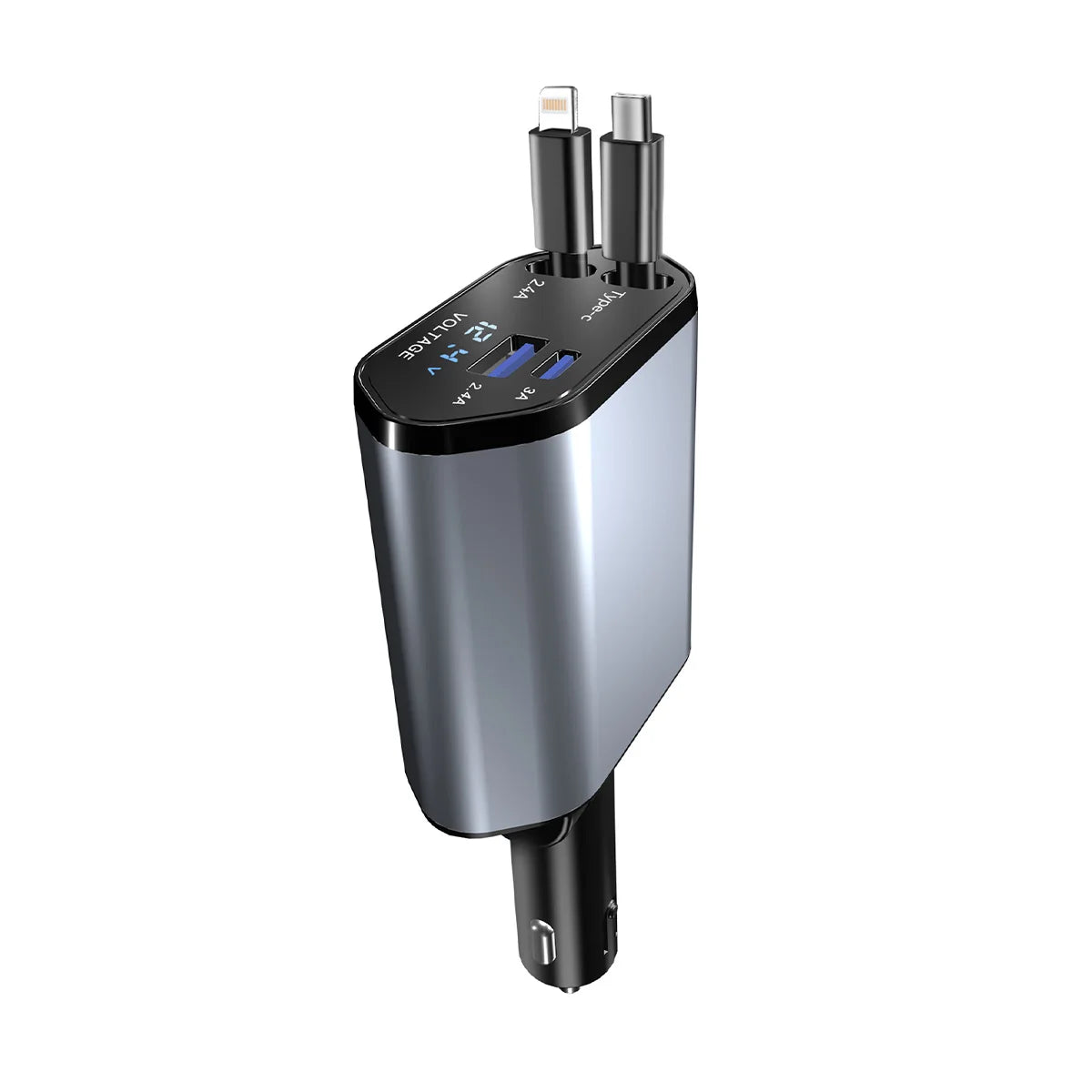 Retractable Car Charger, 4 in 1 Fast Charging Car Charger 120W, Retractable Cable and 2 USB Ports Car Charger Adapter Compatible