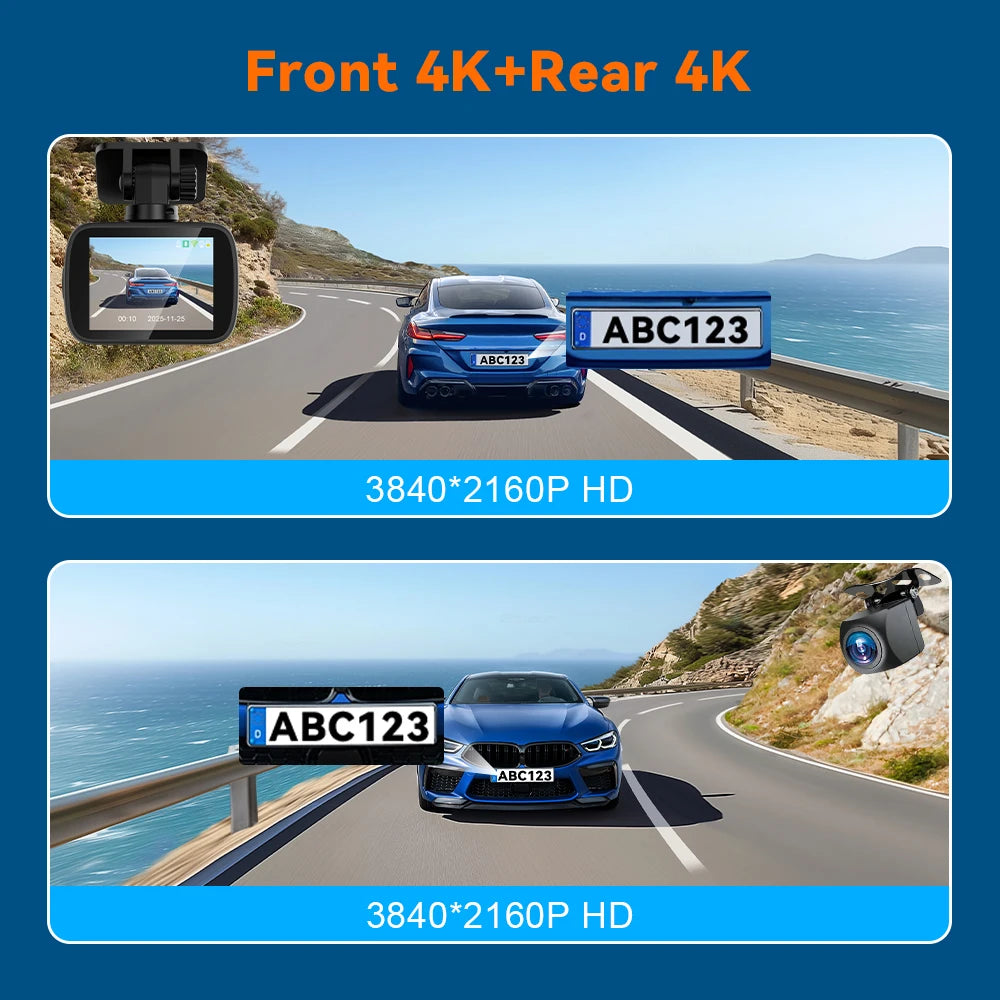 Dash Cam 4K UHD Recording Car Camera DVR Night Vision Video Recorder GPS Wi-Fi Support Dual Lens 4K Rear View Camera