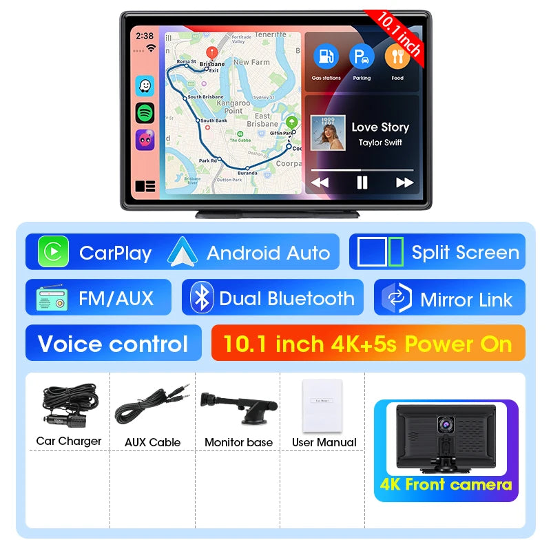 Portable 10.1 inch 4K Dashcam Wireless Carplay Android Auto DVR Car Intelligent Systems Dashboard Car DVR Bluetooth FM AUX