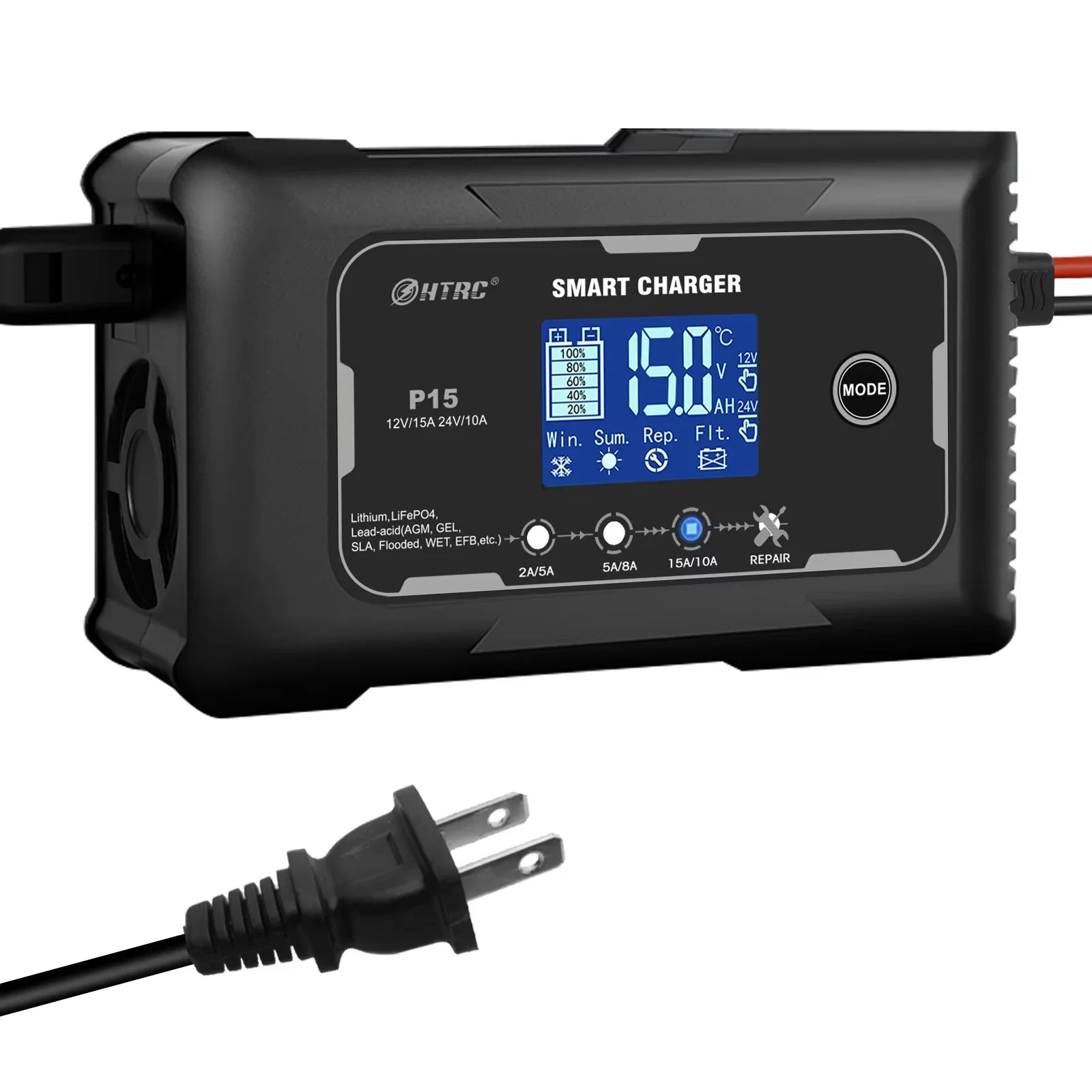HTRC 12V/24V 15A Car Battery Charger Smart Charger for Lead-Acid PB LiFePO4 Battery 7-Stage Automatic Car Motorcycle Charger