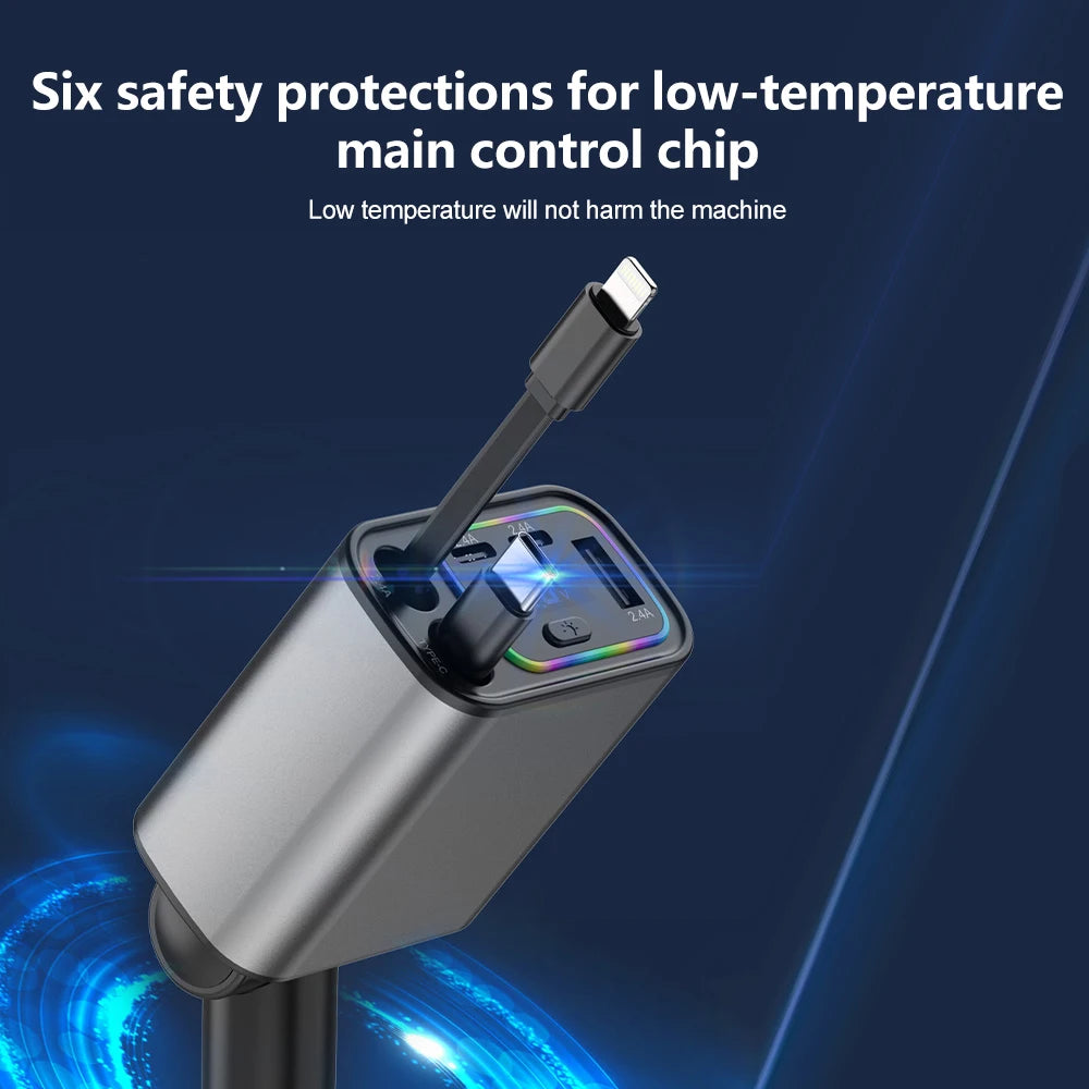 KEBIDUMEI 5-IN-1 Retractable Car Charger USB Type-C Power Adapter Fast Charging Voltage Display Phone Chargers Auto Accessories