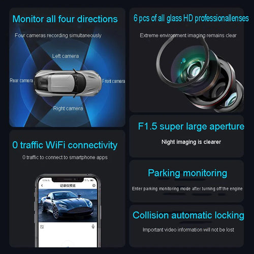 4 Channel Hidden Dash Cam with APP 4K HD Night Vision 24/7 Parking Monitor G-Sensor Loop Recording Motion Detection WDR Blackbox