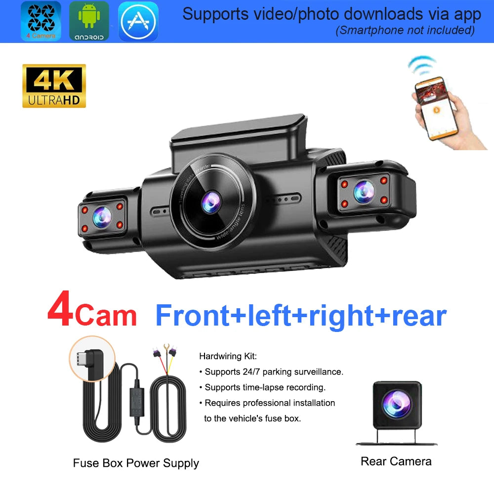 4 Channel Hidden Dash Cam with APP 4K HD Night Vision 24/7 Parking Monitor G-Sensor Loop Recording Motion Detection WDR Blackbox