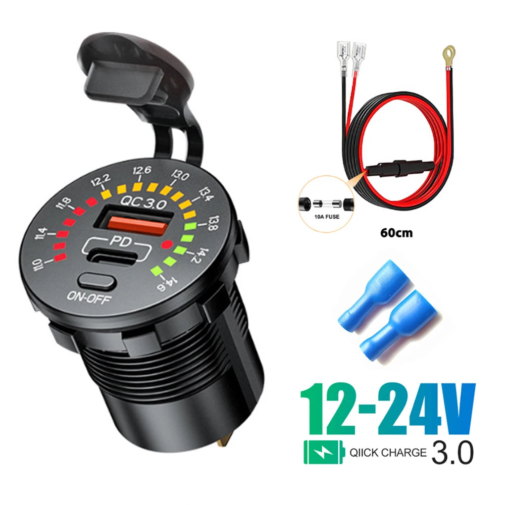Car Charger with LED  36W Dual USB QC 3.0  12/24V Waterproof USB PD Outlet Fast Charge For Car Motorcycle