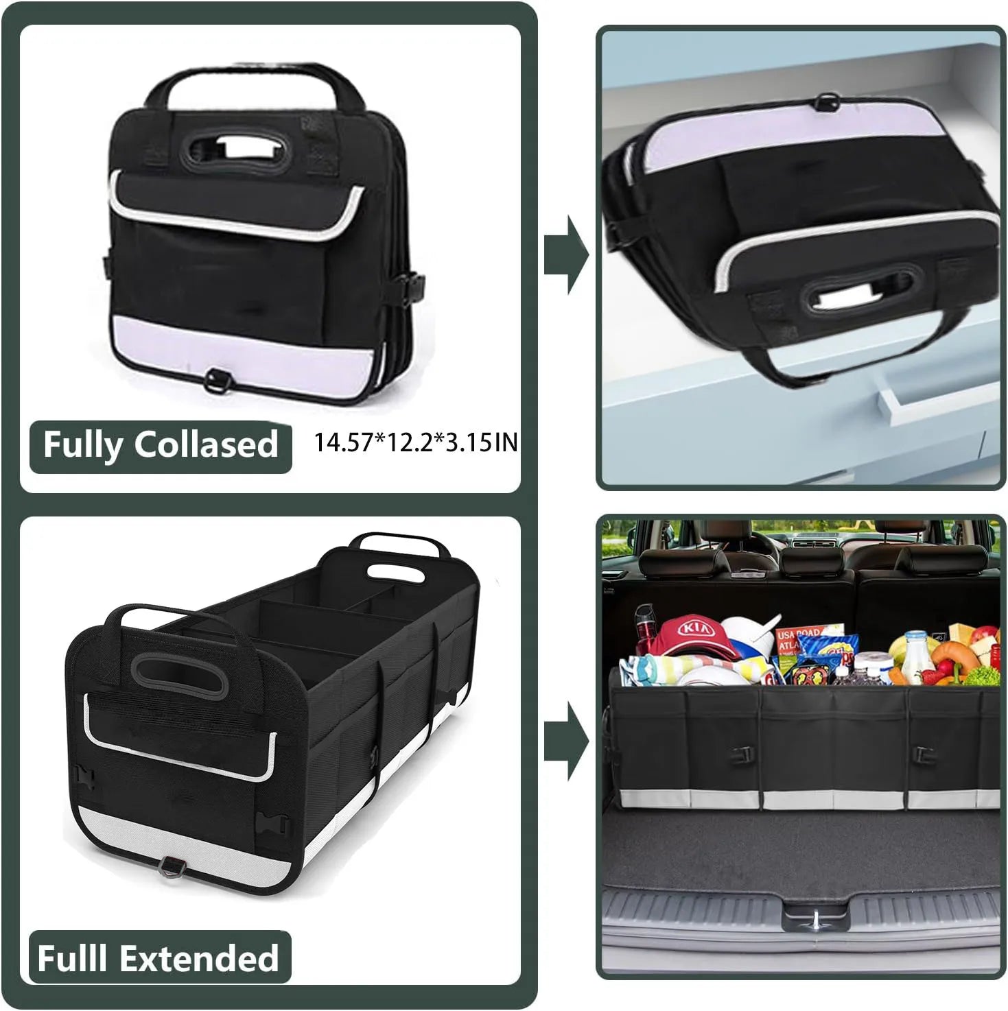 Trunk Organizer for Car, 95L Large Capacity Storage with Non-Slip Bottom Strips and 2 Retractable Straps