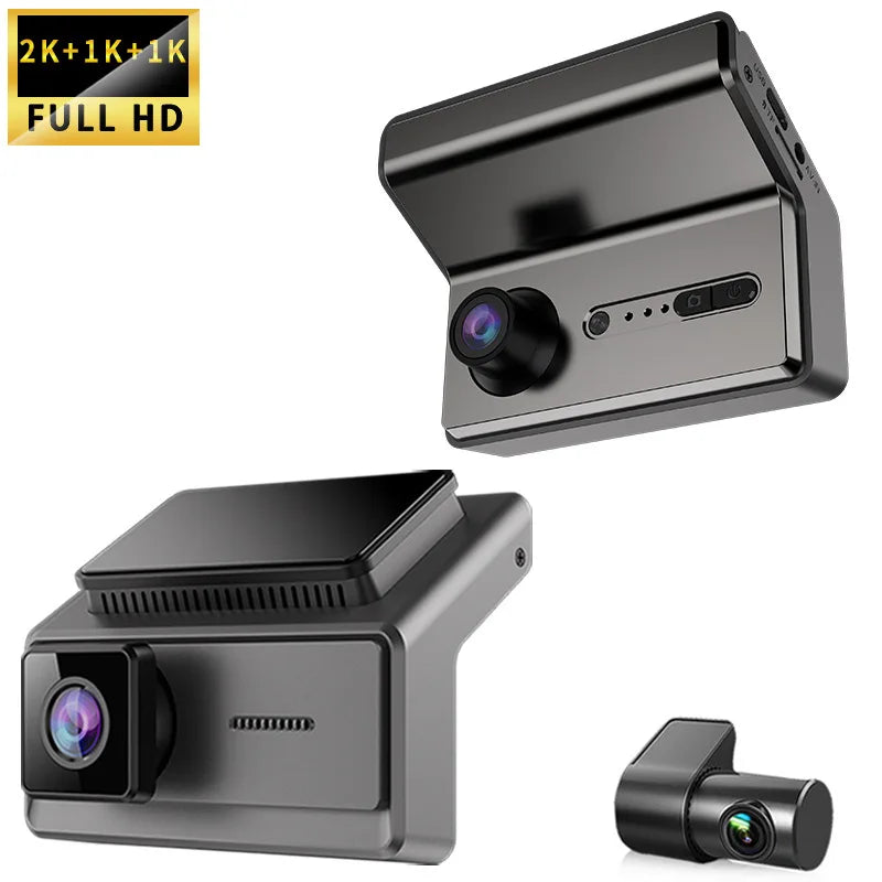 3-Lens Dash Cam 2K+1K+1K Ultra Wide Angle Front/Inside/Rear WiFi Car Camera Recorder