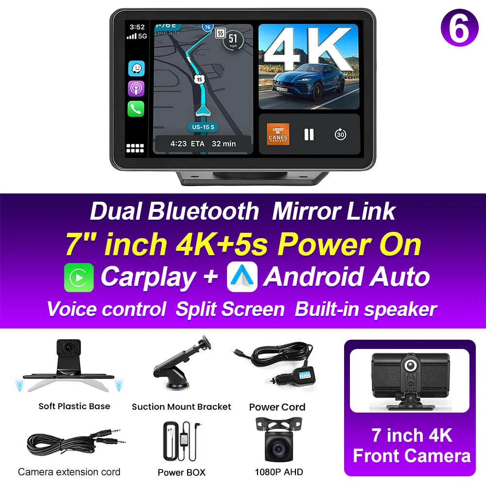 XIMA 7 inch Dash Cam 4K Car DVR Wireless Carplay Android Auto GPS Navigation Video Recorder Dashboard Dual Lens Reversing
