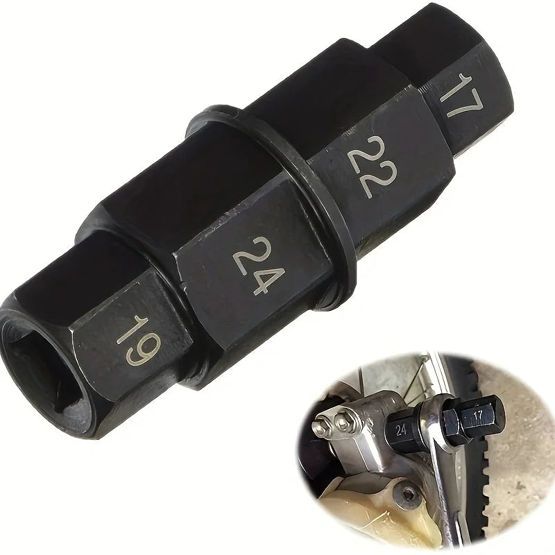 Motorcycle repair tools: Special disassembly wrench for the front wheel spindle. Hexagonal concave four-cornered socket.