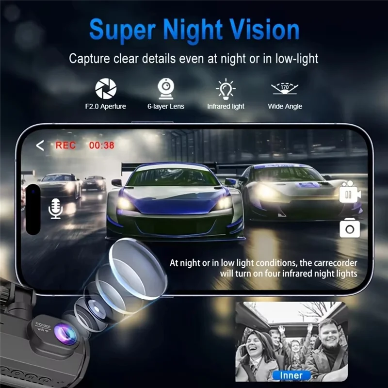 ELECT-Car DVR Camera 1080P 3-Lens Dash Cam Wifi Inside Vehicle Three Way Video Recorder Dashcam Registrator Camcorder