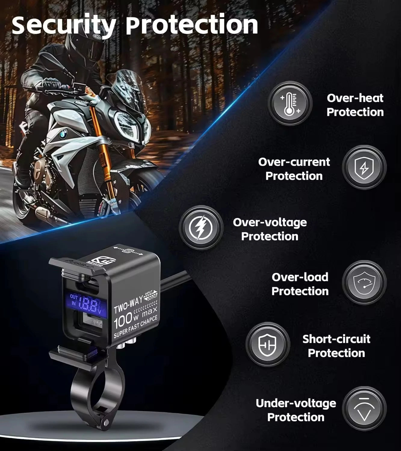 Motorcycle USB Charger 100W Fast Two-Way Charging Dual PD Type C & QC 3.0 Motorcycle Charger with Voltmeter Waterproof