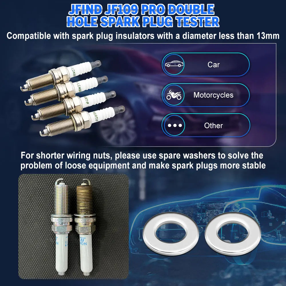 JFIND JF109 Pro - Probador de bujías para coche (100 V, 240 V, con cubierta protectora, doble orificio, 12 V)