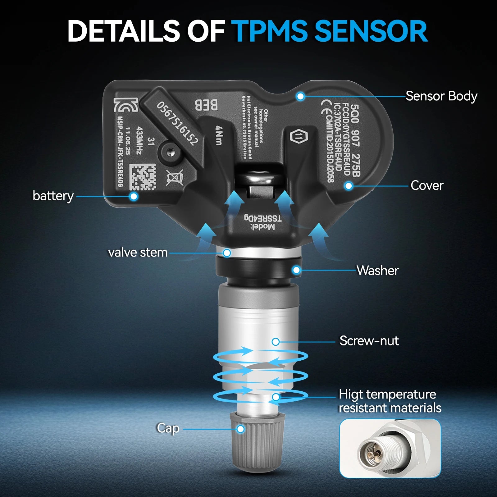 4X TPMS Tyre Pressure Sensor 5Q0907275B For Audi Q3 Q5 Q7 TT A6 A7 A8 A3 RS3 RS4 RS5 VW Passat Amarok Arteon Beetle Tiguan Golf