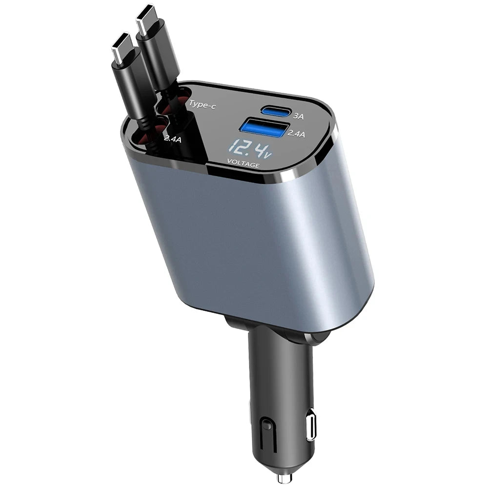 Retractable Car Charger 4 in 1 Fast Charging Car Charger 120W Dual Type-C Retractable Cable and 2 USB Ports Car Charger Adapter