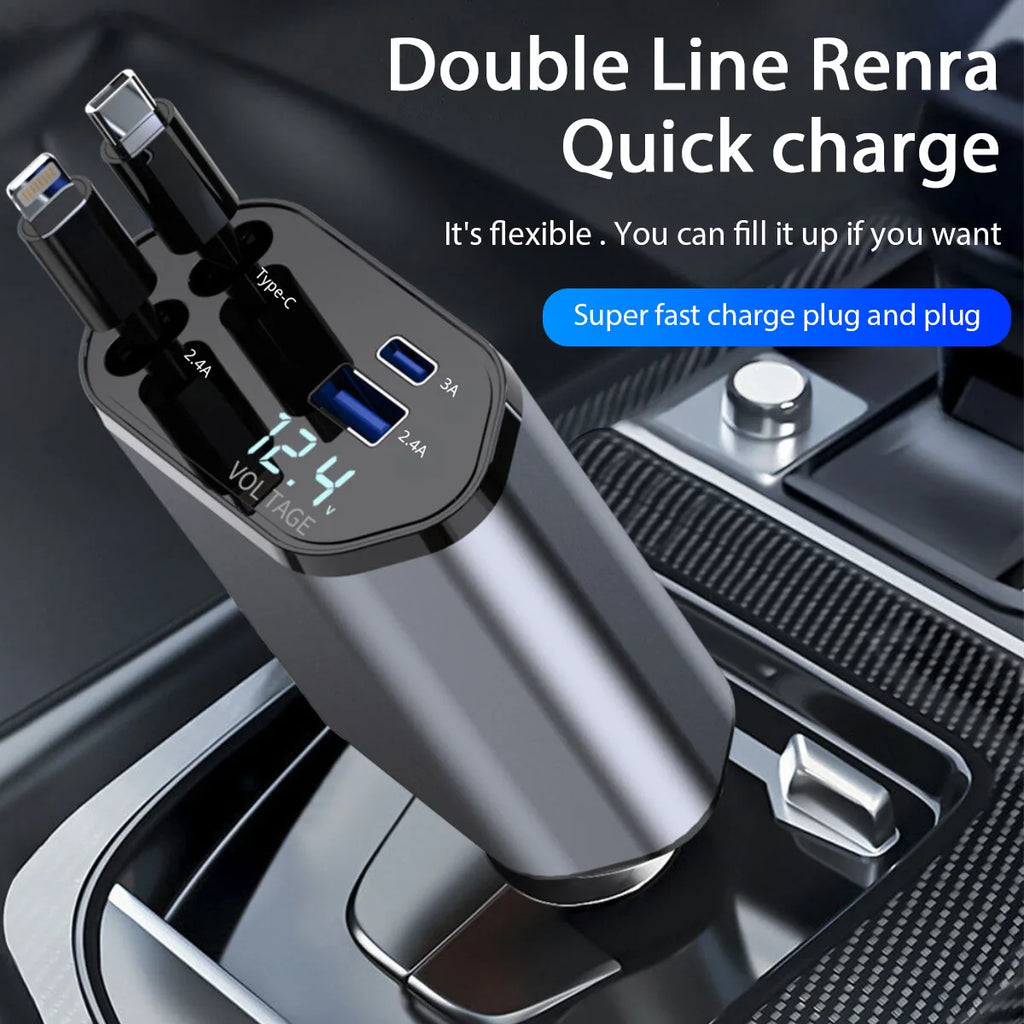 Retractable Car Charger, 4 in 1 Fast Charging Car Charger 120W, Retractable Cable and 2 USB Ports Car Charger Adapter Compatible