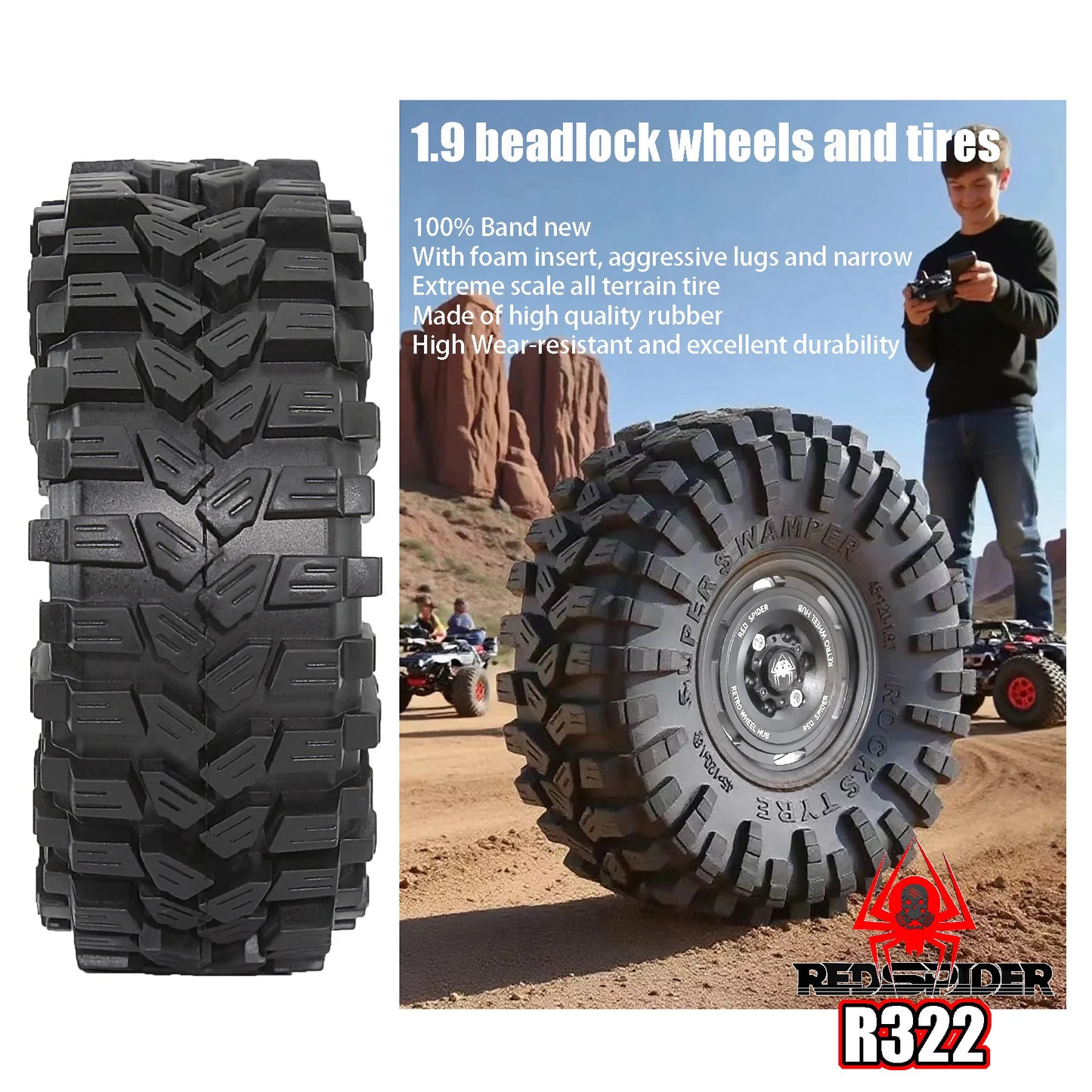 Aluminum 1.9 Beadlock Wheel Rims Tires for 1/10 Axial SCX10 SCX10 II SCX10 III TRX4 D90 90046 4PCS