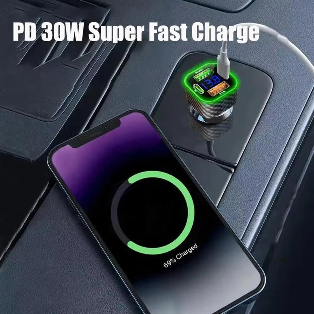 USB C 66W Car Phone Charger Dual PD 4 In 1 With Voltage Display General Super Fast Charge Adapter CE Car Accessories