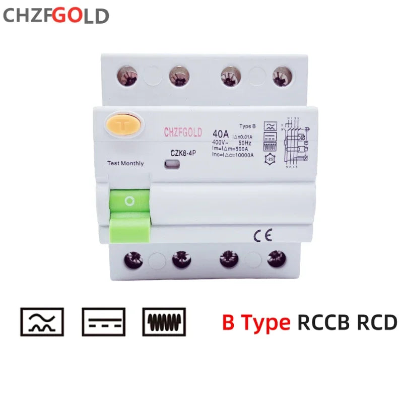 Electric Vehicle EV Charging Pile Residual Current breaker DC RCCB RCD 2P/4P 63A 30mA Type B 6KA CHZFGOLD Din Rail Earth Leakage