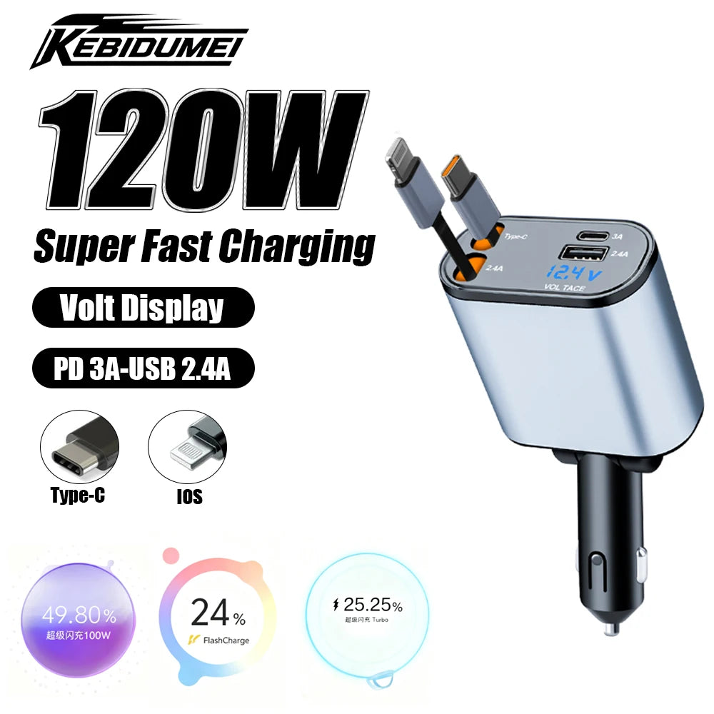 KEBIDUMEI D2 Car Charger Type-C Fast Charging Power Adapter Cable Digital Display Retractable 4in1 Phone Chargers Car Accesories