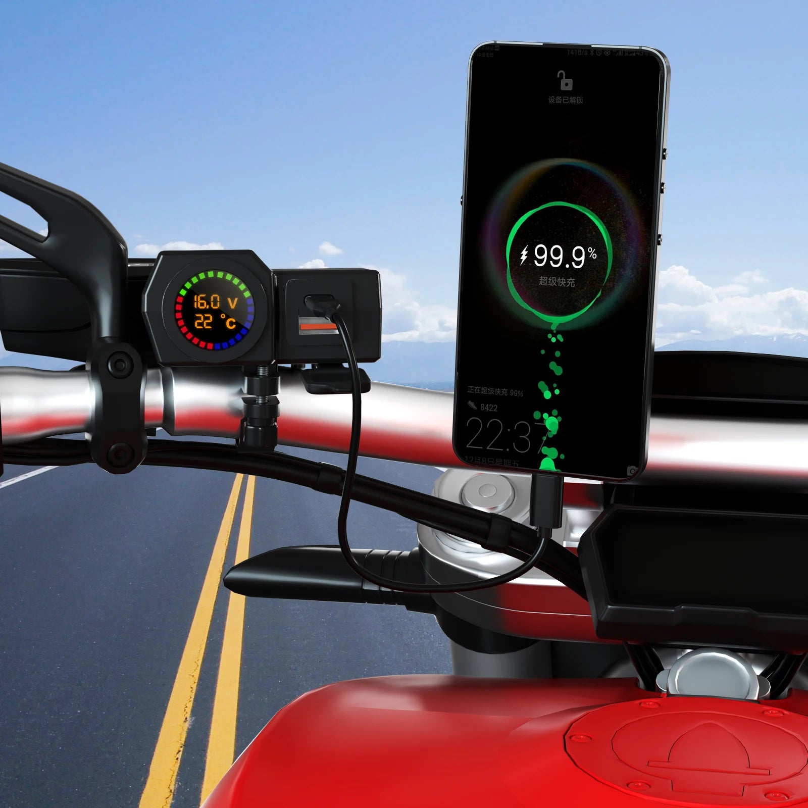 Motorcycle Charger QC3.0 Motorcycle Type C Voltage And Temperature Digital Display Dual USB Mobile Phone Charger PD Car Charger
