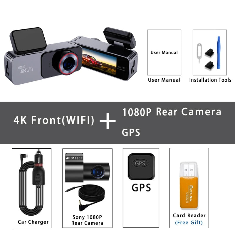 Dash Cam 4K 3840*2160P Car DVR WIFI GPS Mini Dual Lens Camera Front and Rear Dashcam Black Box Video Drive Recorder Night Vision