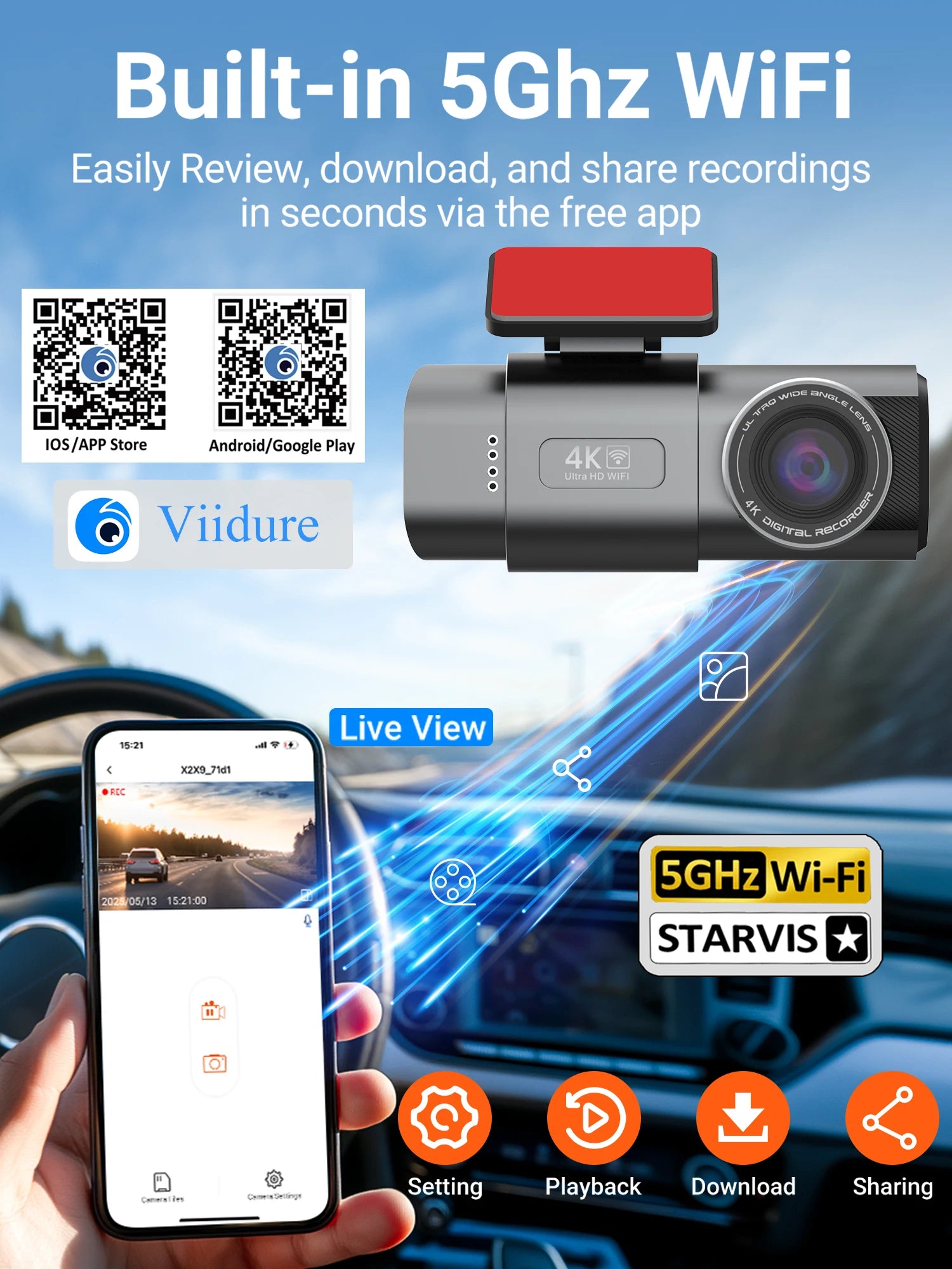 Dash Cam 4K UHD Recording Car Camera DVR HDR Night Vision Video Recorder Built-In Wi-Fi Support GPS 24H Parking APP Monitor