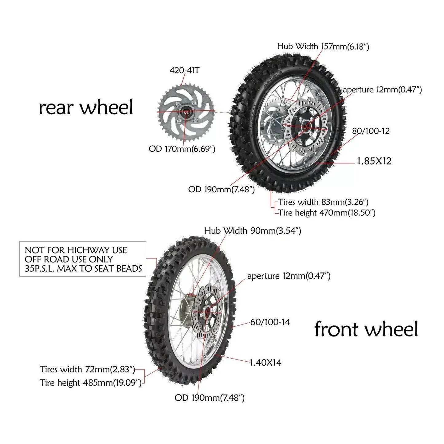 14" Front Wheel 60/100-14 Tire 1.4x14 Rim & 80/100-12 3.0-12 Rear