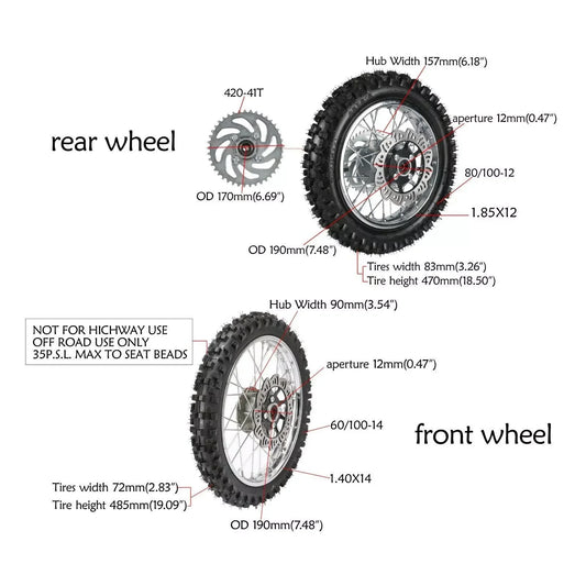 14" Front Wheel 60/100-14 Tire 1.4x14 Rim & 80/100-12 3.0-12 Rear