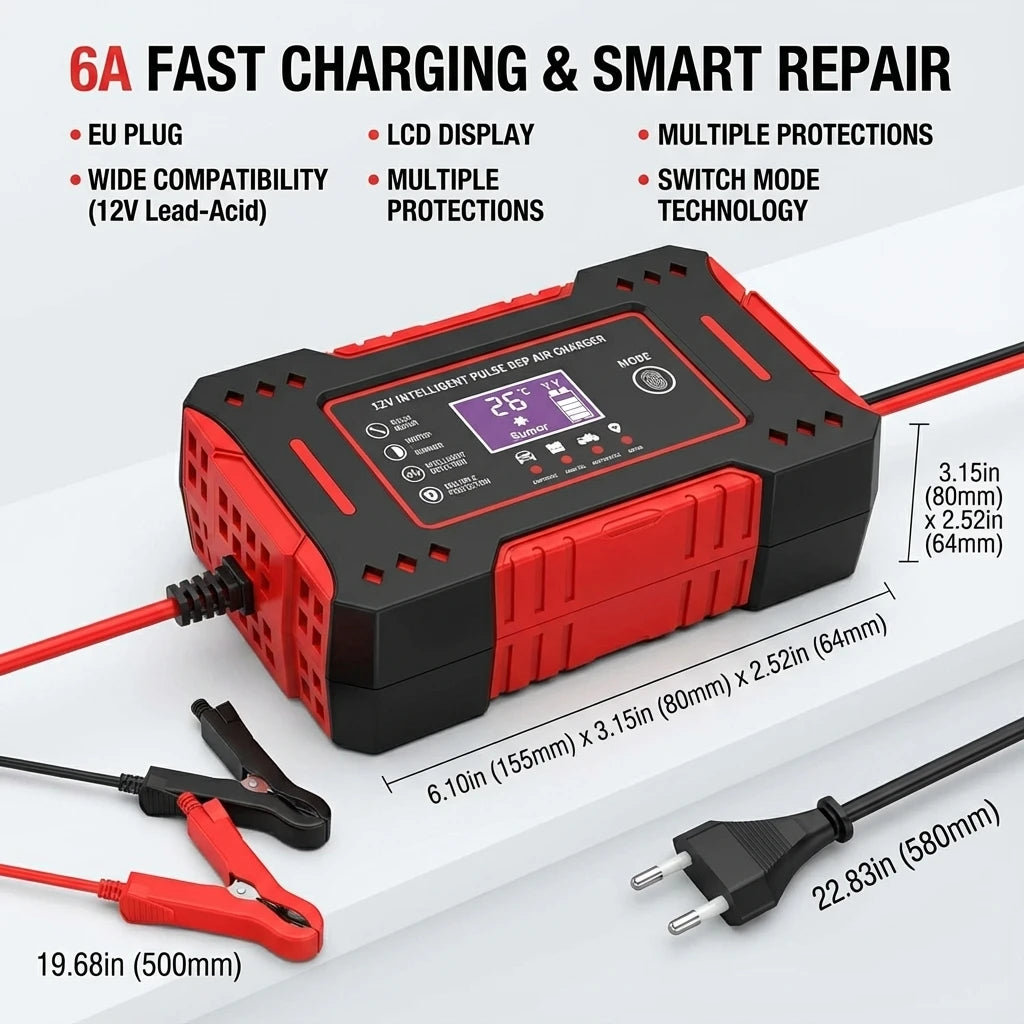 Smart Car Battery Charger 12V, Motorcycle Battery Maintainer with LCD Display for Lead-Acid Repair