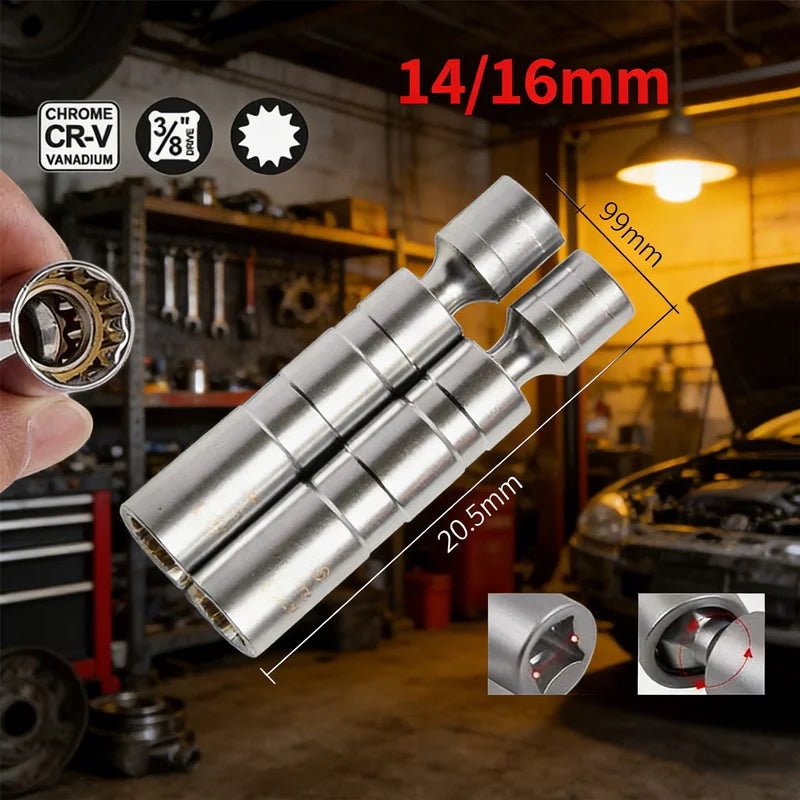 Magnetic Spark Plug Socket Adapter Set - 14mm 16mm Thin Wall with Universal Joint, 3/8" Drive for Secure Removal & Installation