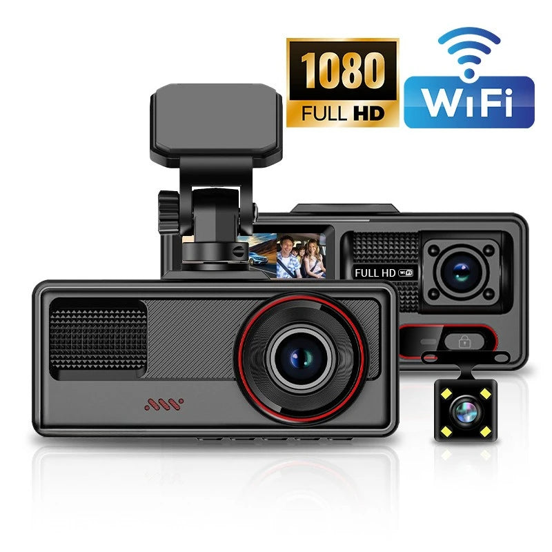 3-lens dash cam, 3-channel car-mounted high-definition night vision, 2-inch front and rear dual recording, WiFi connectivity