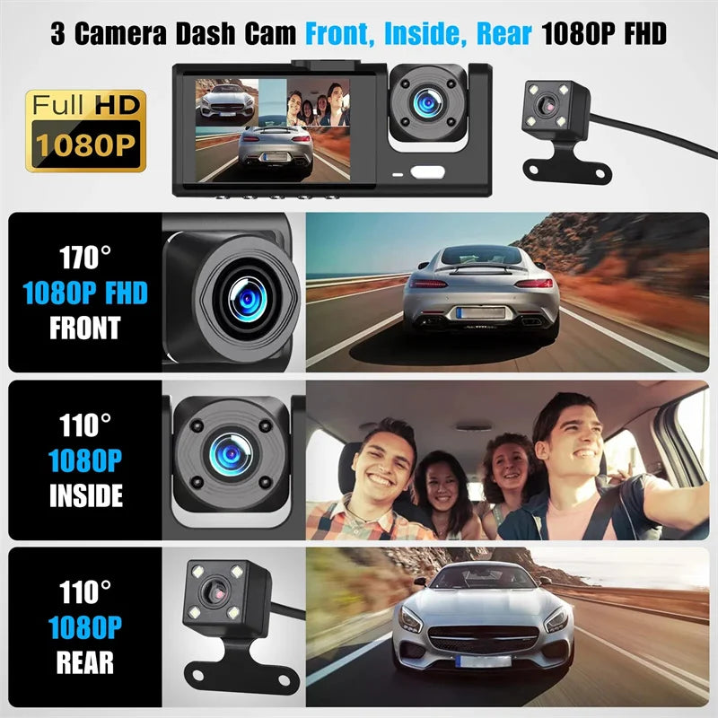 1Set 3 Channel Car DVR HD 1080P 3-Lens Inside Vehicle Dash CamThree Way Camera DVRs Recorder Video Registrator Dashcam Camcorder