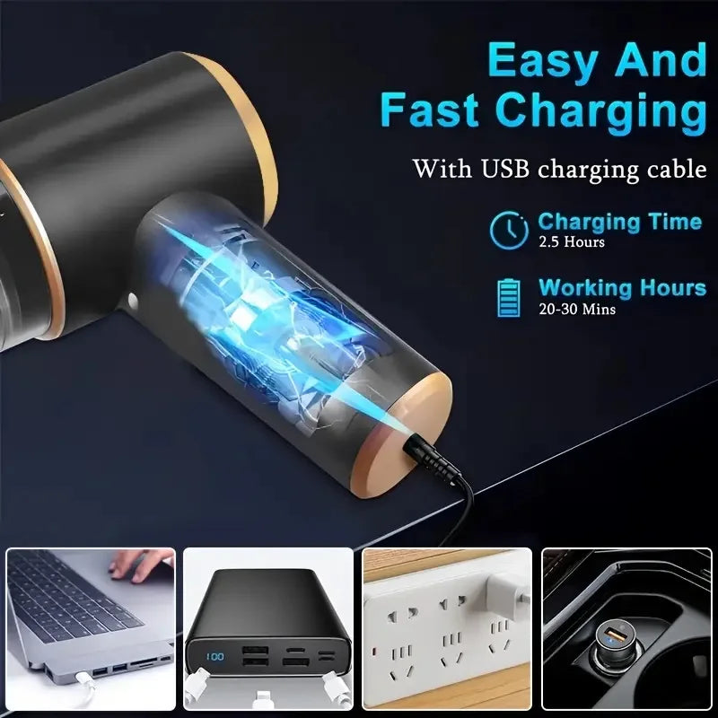 Portable mini vacuum cleaner for cars and homes - super powerful dual-purpose hair dryer/vacuum cleaner, rechargeable blower