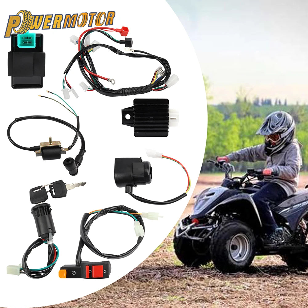 ATV Motorcycle Electrics Wiring Harness Spark Plug CDI Ignition Coil Key Switch Kit For Dirt Bike 50cc-110cc UTV Quad Go Kart