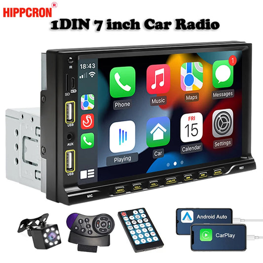 7inch Carplay Android Auto 1 Din Car Radio MP5 Multimedia Player Touch Screen FM Aux Input Bluetooth USB MirrorLink Universal