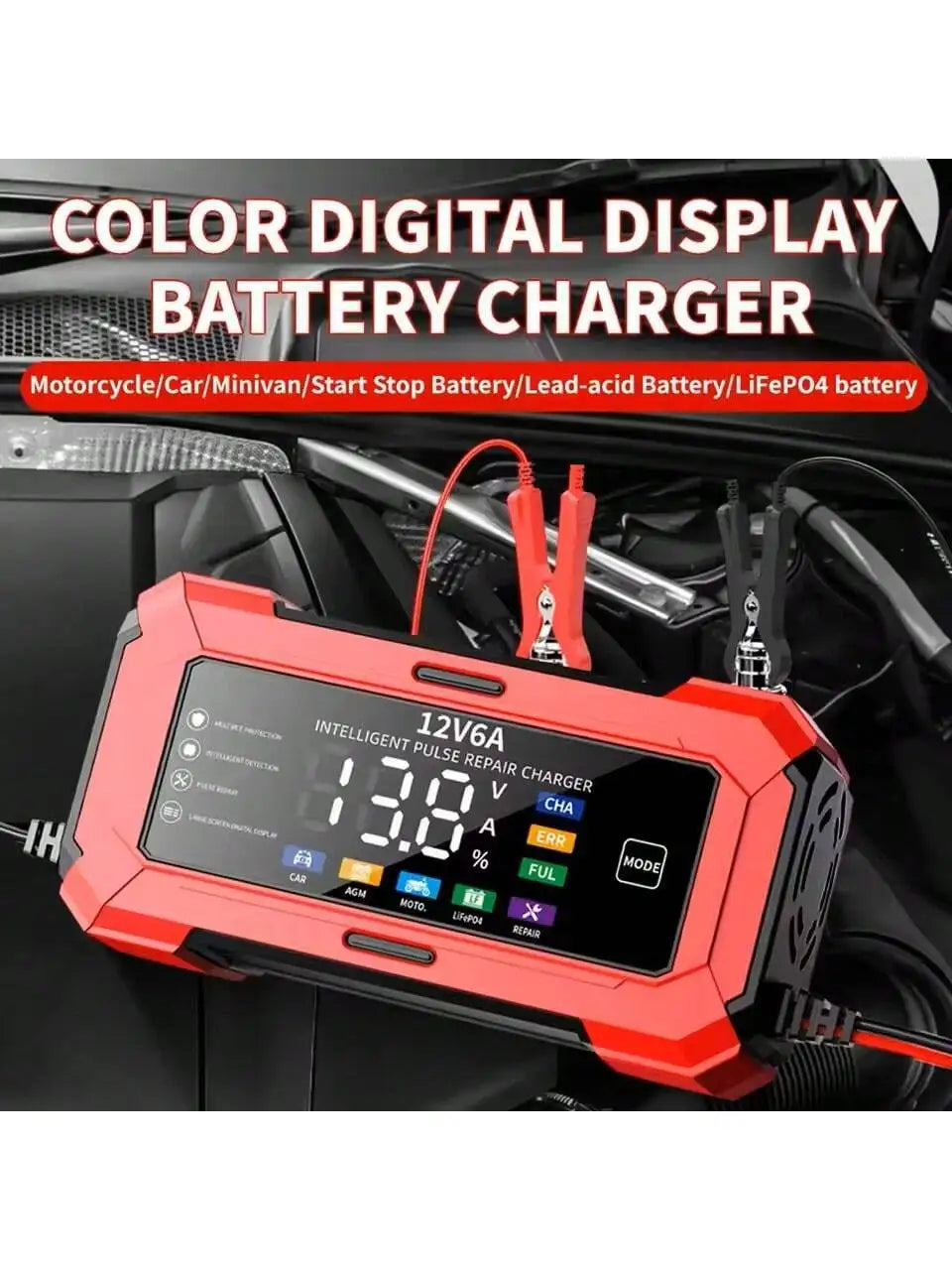 Large Screen Car Battery Charge 12V 6A Battery Charger Smart Fast Charging for Car Batteries  For Car Motor AGM GEL WET etc.