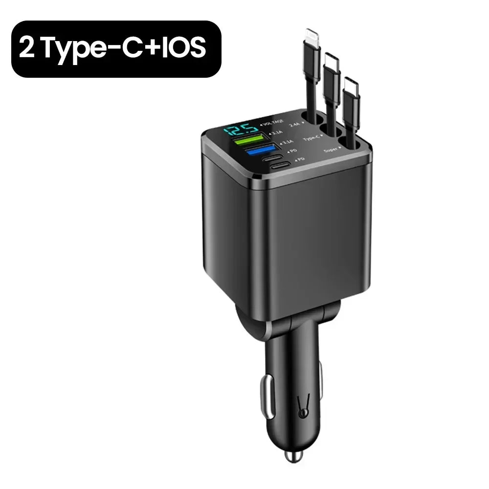Retractable Car Charger 7 in 1 Fast Charging Car Charger Retractable Cable USB Type C Multi Ports Car Charger Adapter Compatible