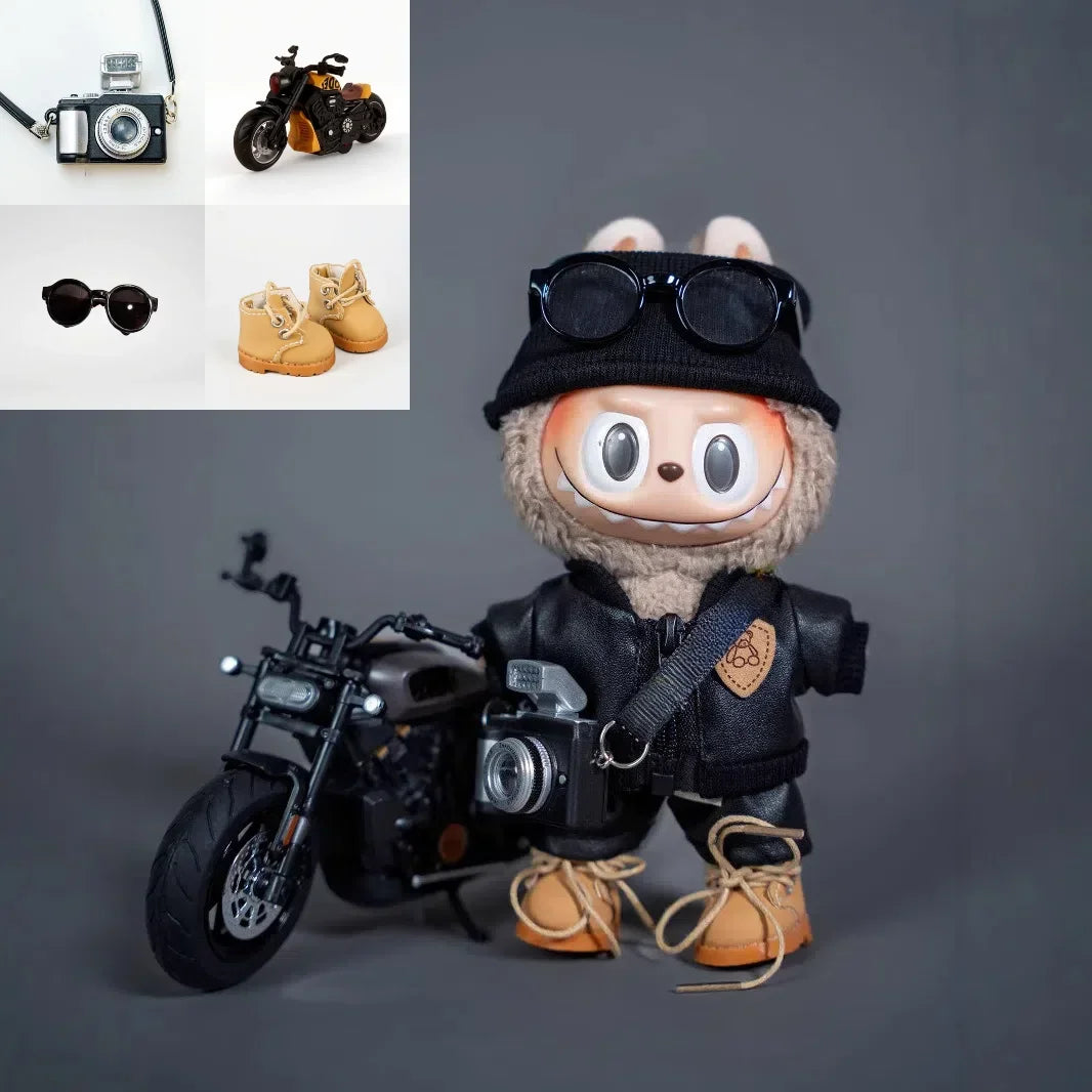 Labubu doll Motorcycle Trendy Fashion Baby Clothes Black Leather Jacket Set Cool Motorcycle Accessories