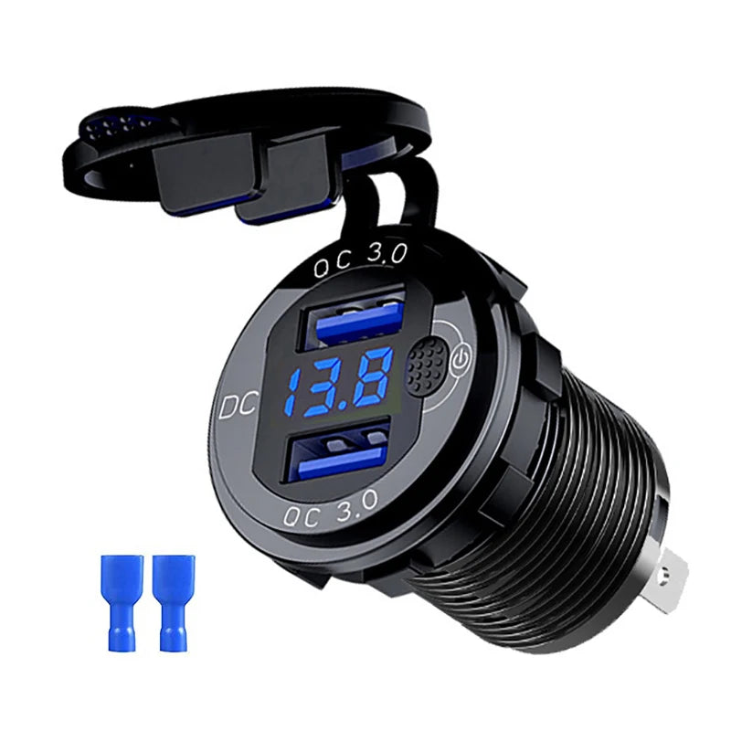Quick Charger Aluminum QC3.0 Dual USB Car Charger with Switch Button LED Voltage Display for 12V/24V Cars Boats Motorcycle
